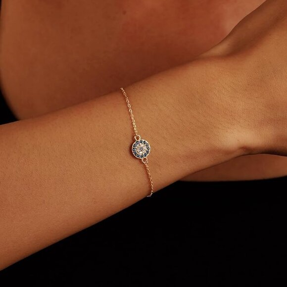 Gold Evil Eye Bracelet 925 Sterling Silver Blue CZ Link Chain NWT - Picture 3 of 5